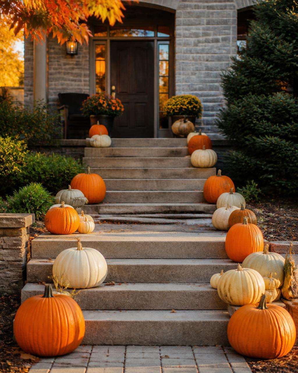 White and orange pumpkins lining suburban front steps in Utah