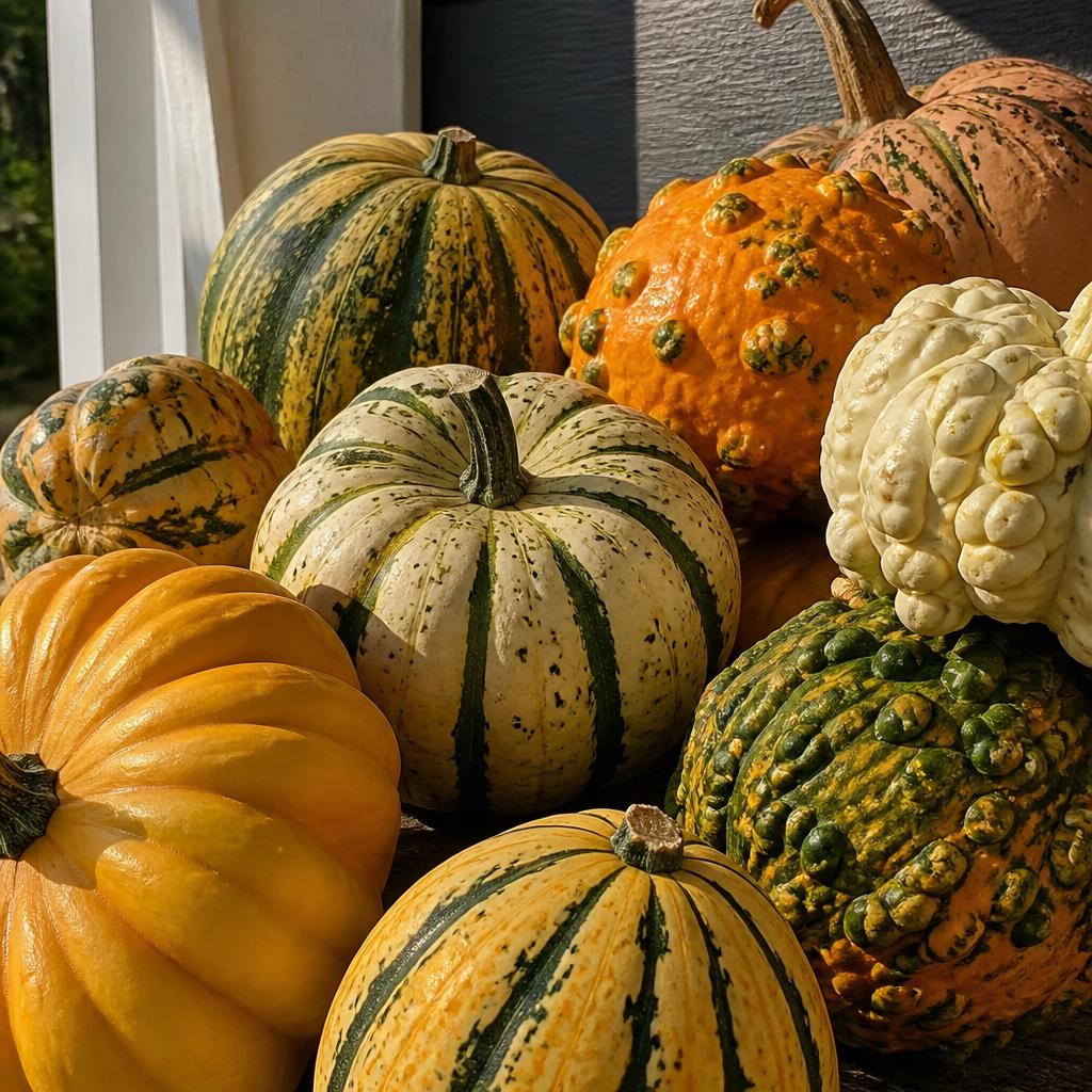 Assorted striped gourds and small pumpkins on a fall porch