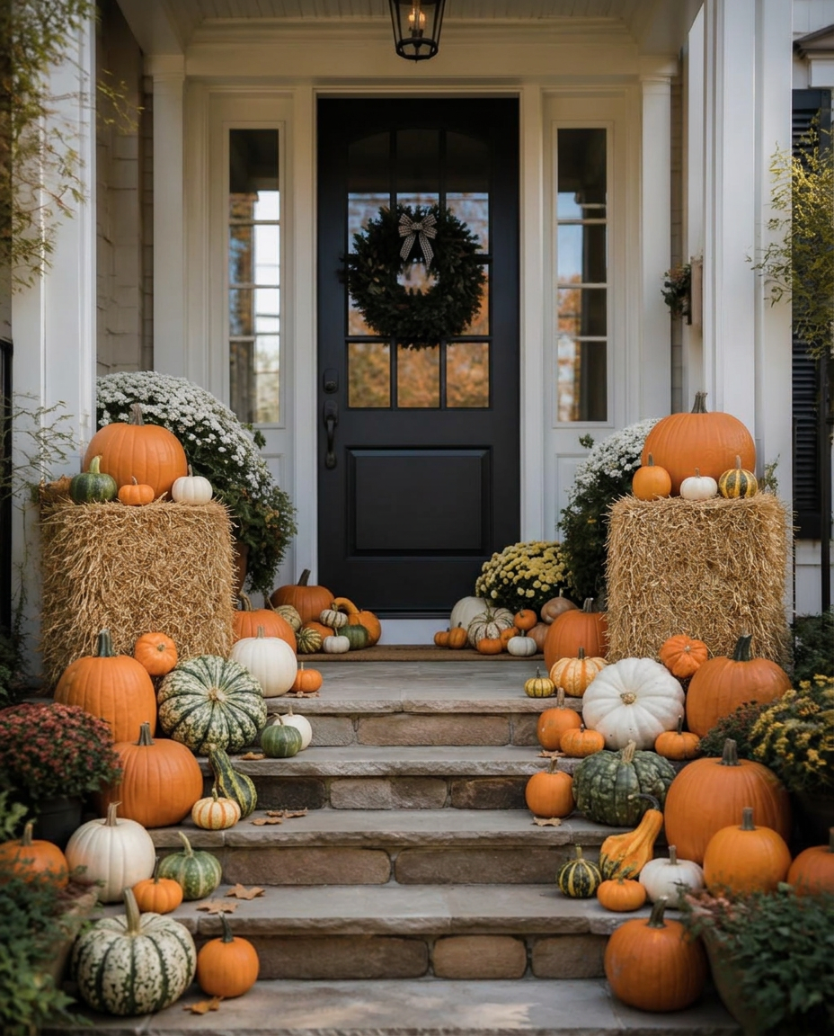 Front door framed with large pumpkins and two hay bales