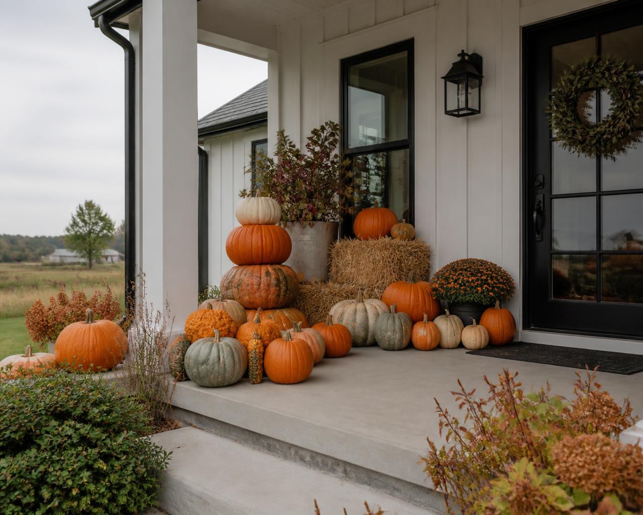 Modern farmhouse porch with a full pumpkin and gourd display