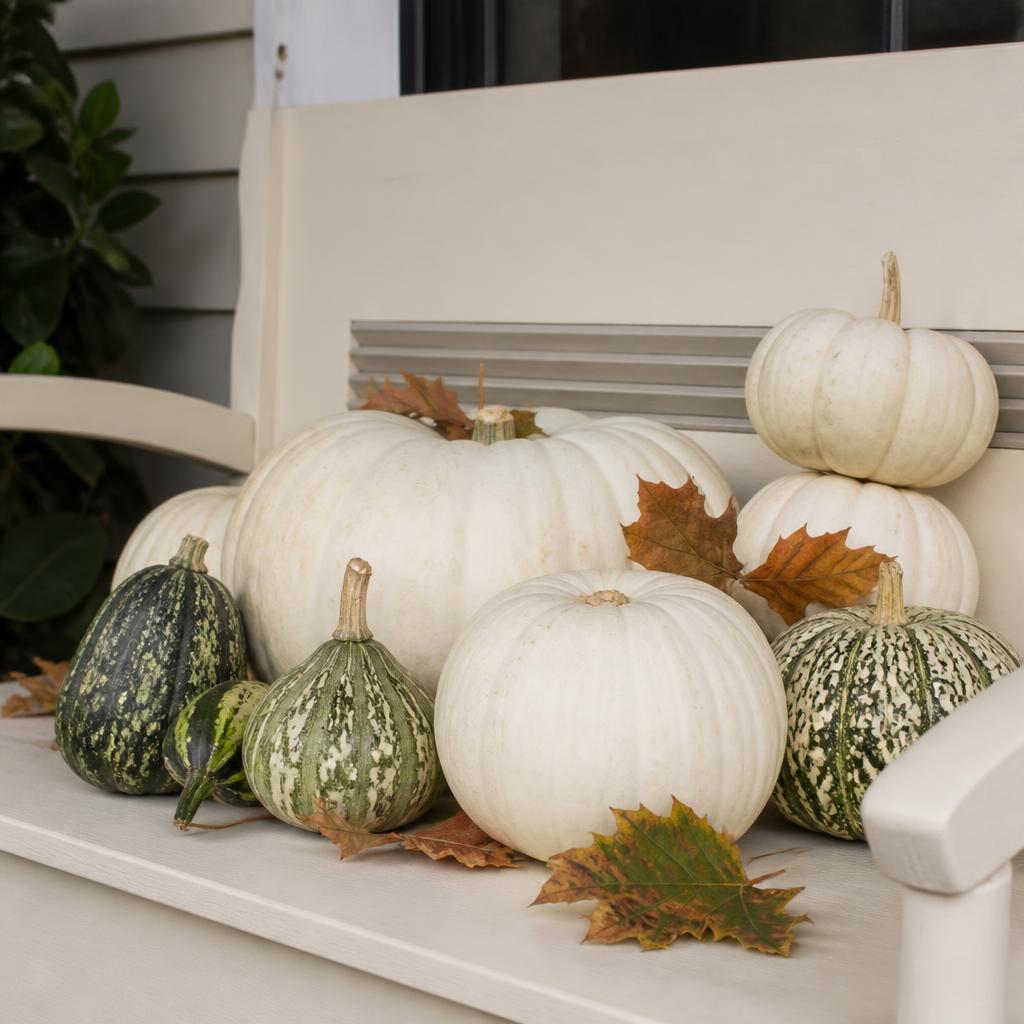 White heirloom pumpkins and green gourds on a porch bench