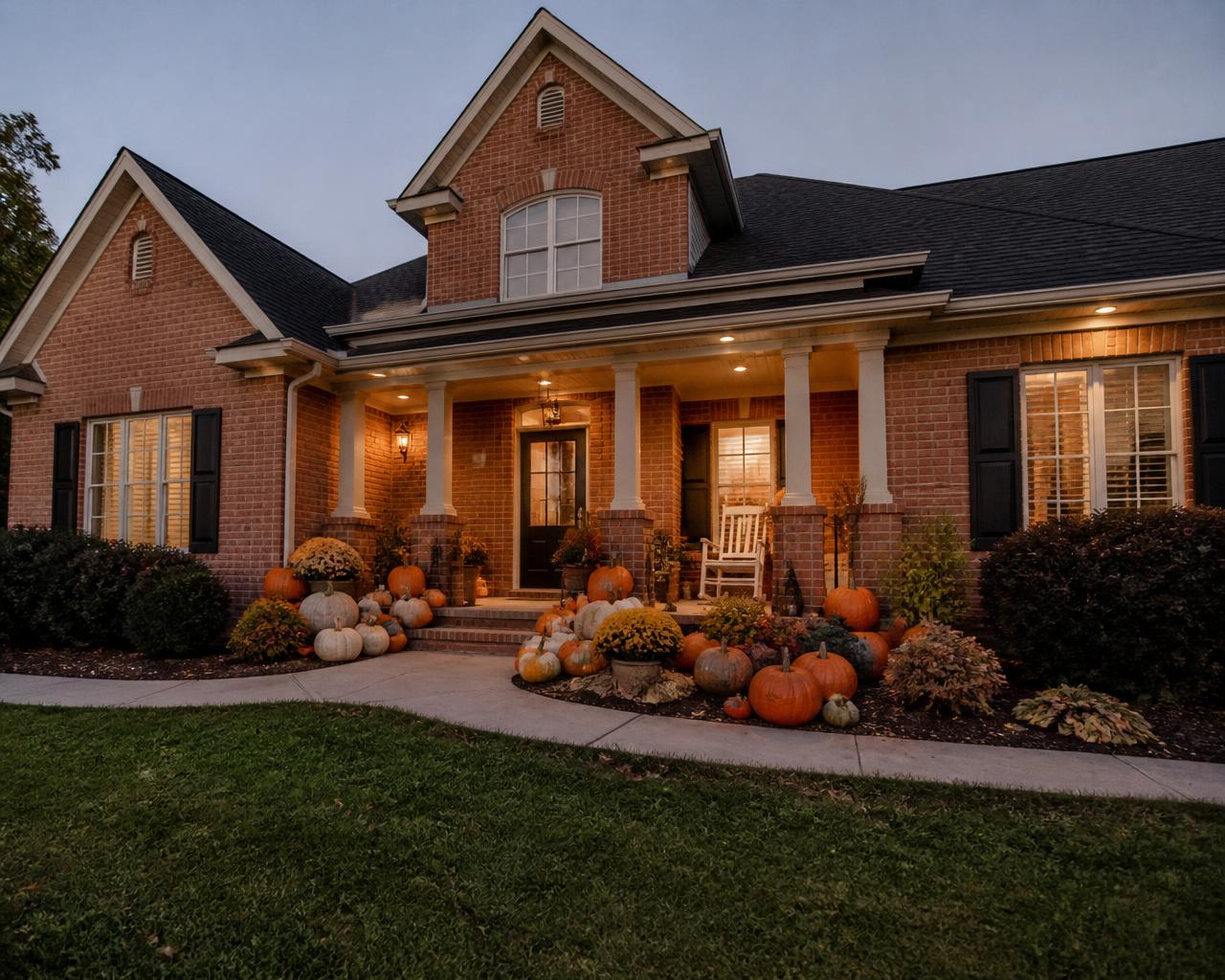 Upscale suburban home with an abundant fall pumpkin porch display